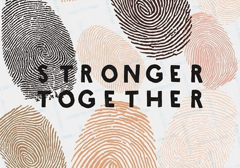 Image with the words "stronger together" and thumb print in different skin tones
