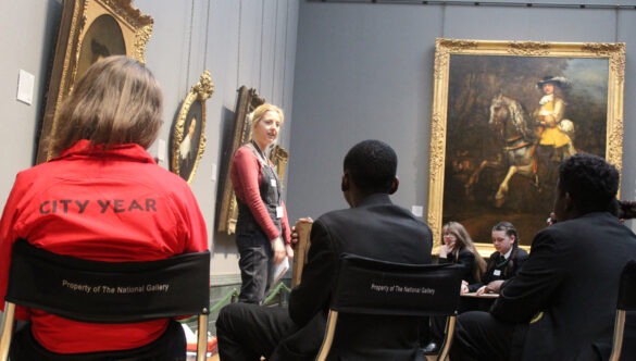 volunteer mentor and pupils at National Gallery